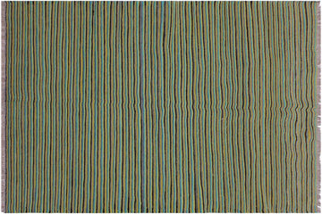Flat Weave Kilim, Antique, Navaho, Vintage, Handmade, Modern Kilim Green Blue Hand-Woven Rectangle 100% Wool Area Rug 4 x 5